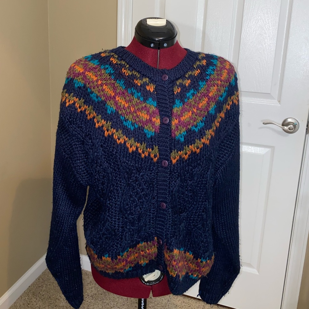 Y2K Dark Blue Multicolor Knit Button Cardigan